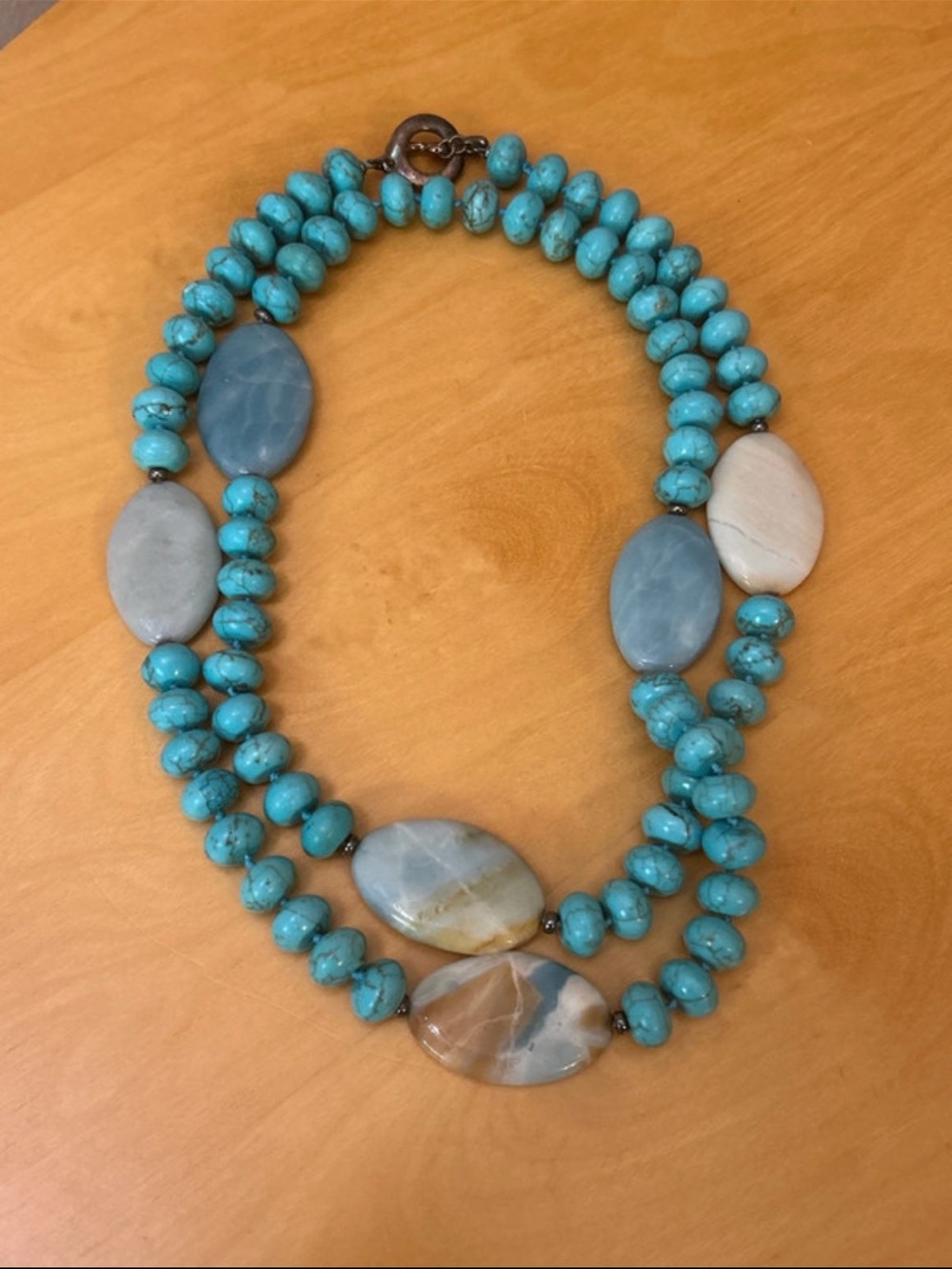 Vintage turquoise and Sterling long necklace with natural stones ATI marked